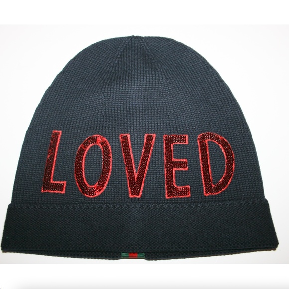 Gucci "Loved" Sequin Wool Web Beanie Hat - Picture 1 of 6
